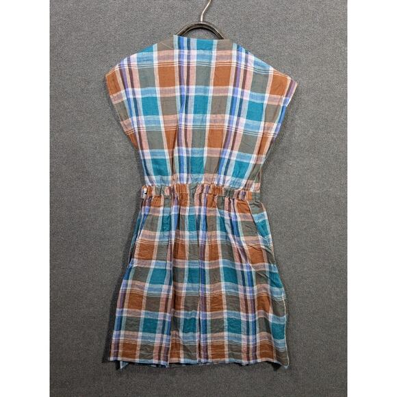 Bridge & Burn Wrap Dress Womens Small Linen Acadia Cap Sleeve Pockets Plaid - Picture 7 of 13